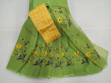 Kota Doria Saree with Floral Embroidery Online - Pear green