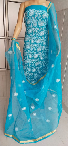 Chikankari dress material in Kota Doria - Blue