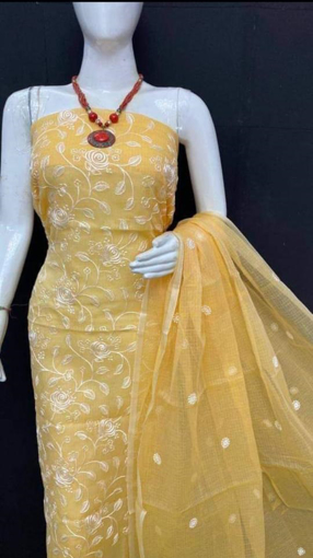Kota Doria Chikankari Dress Material - yellow