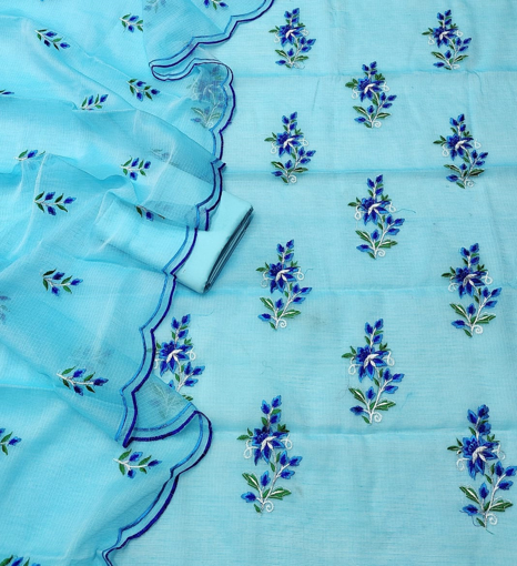 Kota Doria Embroidery Dress Material - Cool Blue