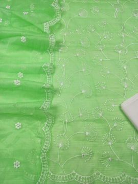 Embroidered Kota Doria Dress Material - Green