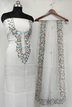 White Kota Doria Dress Material with pink and blue flowers