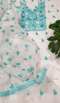 White Kota Doria with aesthetic neck embroidery - Cyan
