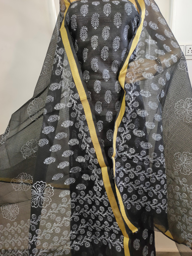 Kota Doria Block Print Unstitched Suit (Black Color)