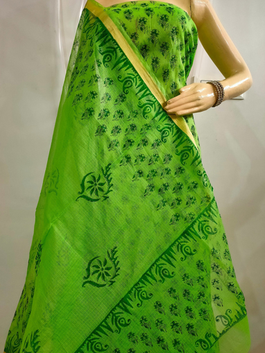 Kota Doria Hand Block Print Salwar Suit Unstitched (Green Color)