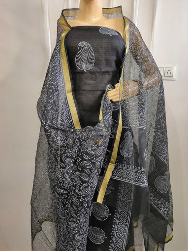 Kota Doria Hand Block Print Salwar Suit (Black Color)