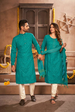 Matching Couple dress (Lakhnavi work Lady's & Men's Kurta Green Color)