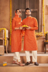 Matching Couple dress (Lakhnavi work Lady's & Men's Kurta Orange Color)