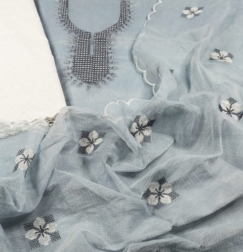 Kota doria embroidery dress material with dupatta in grey