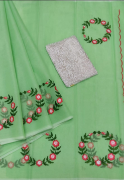 Kota Doria Embroidery Saree With Contrast Blouse 