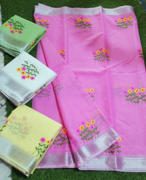Kota doria embroidery pink saree buy online