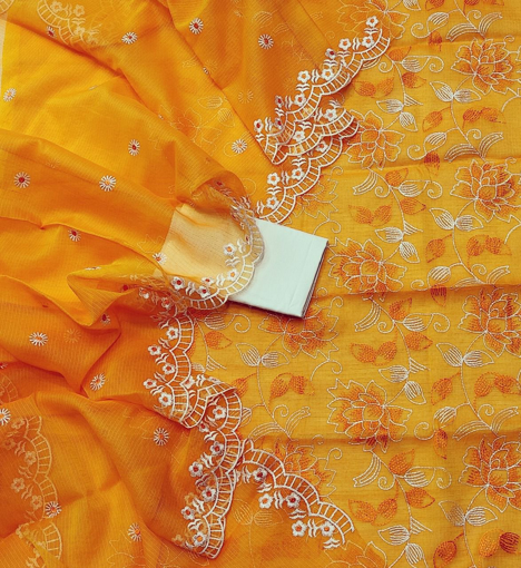 Kota Doria Embroidery Salwar Suit Orange Color