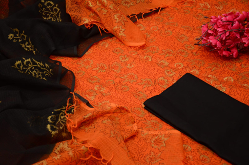 Hand Block Printed Pure Kota Doria Suit Orange Color with black dupatta