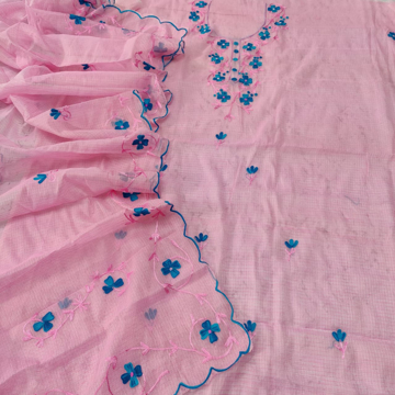 Kota Doria Aari Work Salwar Suit Pink Color