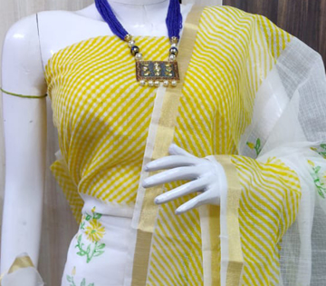 Kota Doria block print yellow leheriya suit