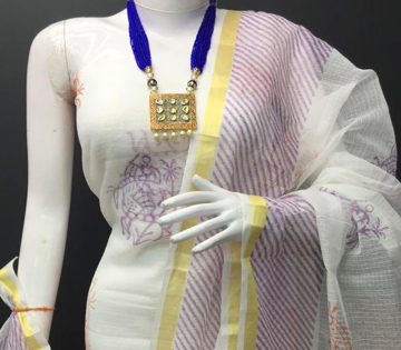 Hand block print unstitched salwar suit Kota Doria fabric