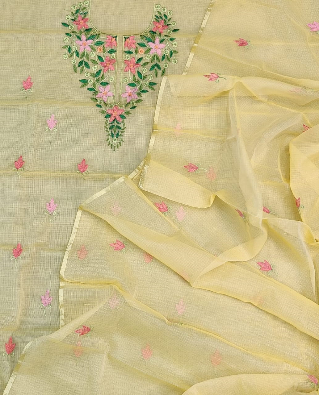 Half White with Cream Color Kota Doria Embroidery Top Material and Pant Material with Chiffon Dupatta