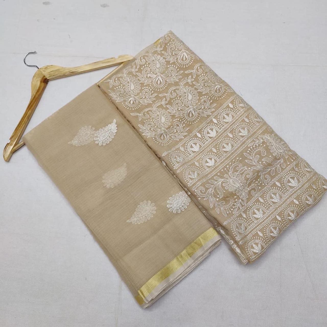 White - Kota Doria Cotton Embroidery Kurta Suit Set 06