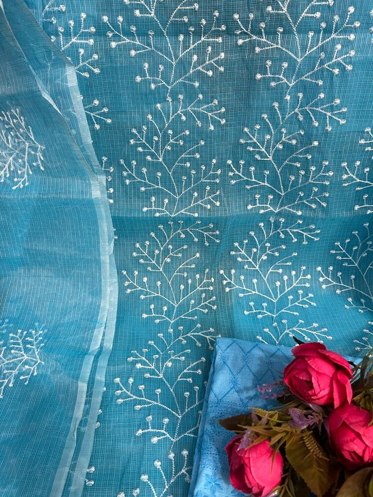 Skin Base White Bell Chikankari Embroidery Kota Doria Dress Material main image 0