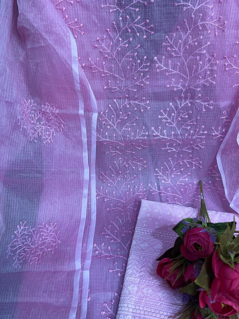Grey Base White Thread Chikankari Embroidery Kota Doria Dress Material main image 1