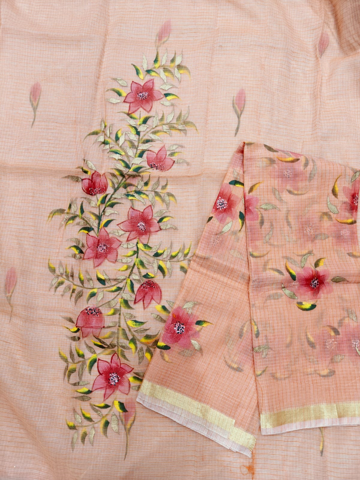 Brush Painted Kota Doria Cotton Saree - Grey Color main image 0