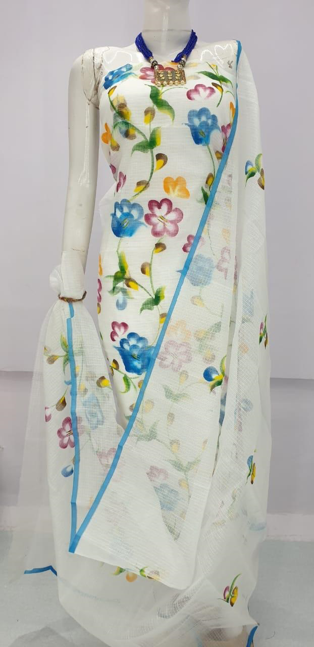 Rose Milk Color Linen By Tussar Top Material And Pant Material With Kota Doria Painted Floral Dupatta