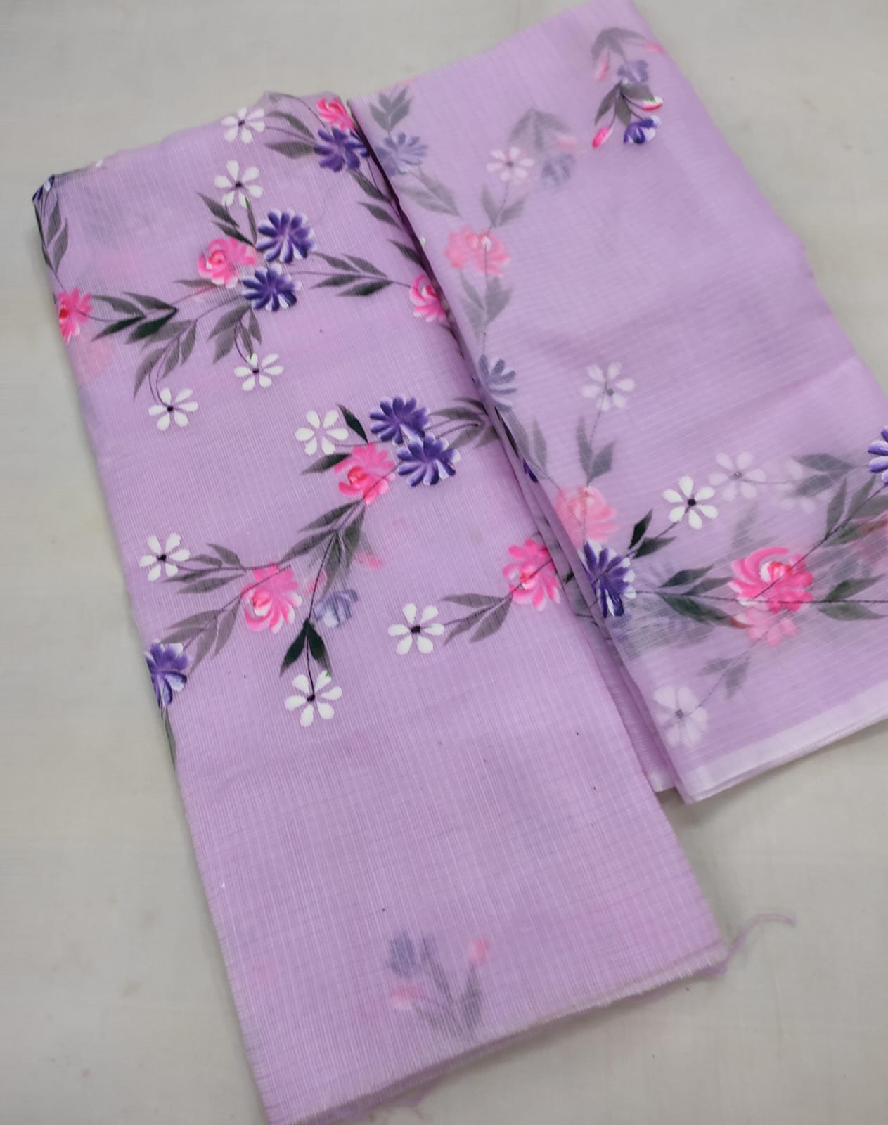 Beige & Blue Floral Hand-Block Printed Kota Doria Suit Set
