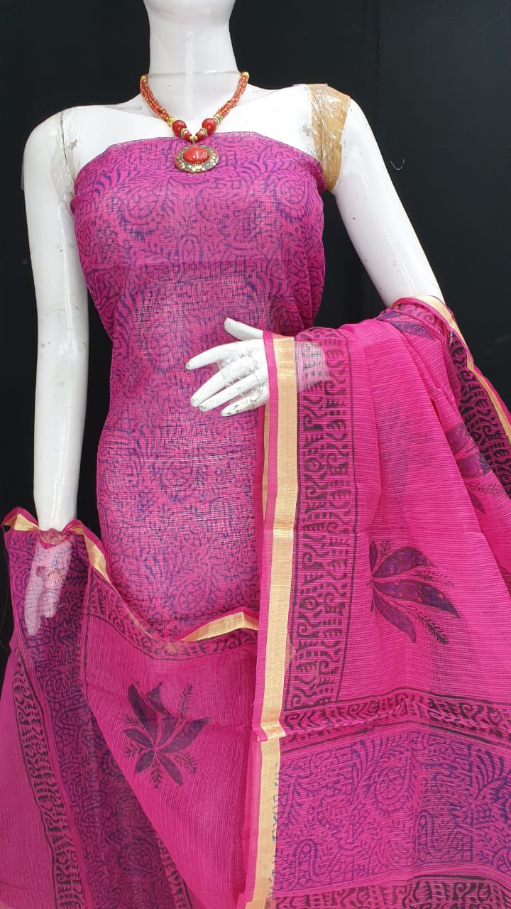 White - Sanganeri Hand Block Print Kota Doria Cotton 3pc Unstitched Dress Material Suit Set 05