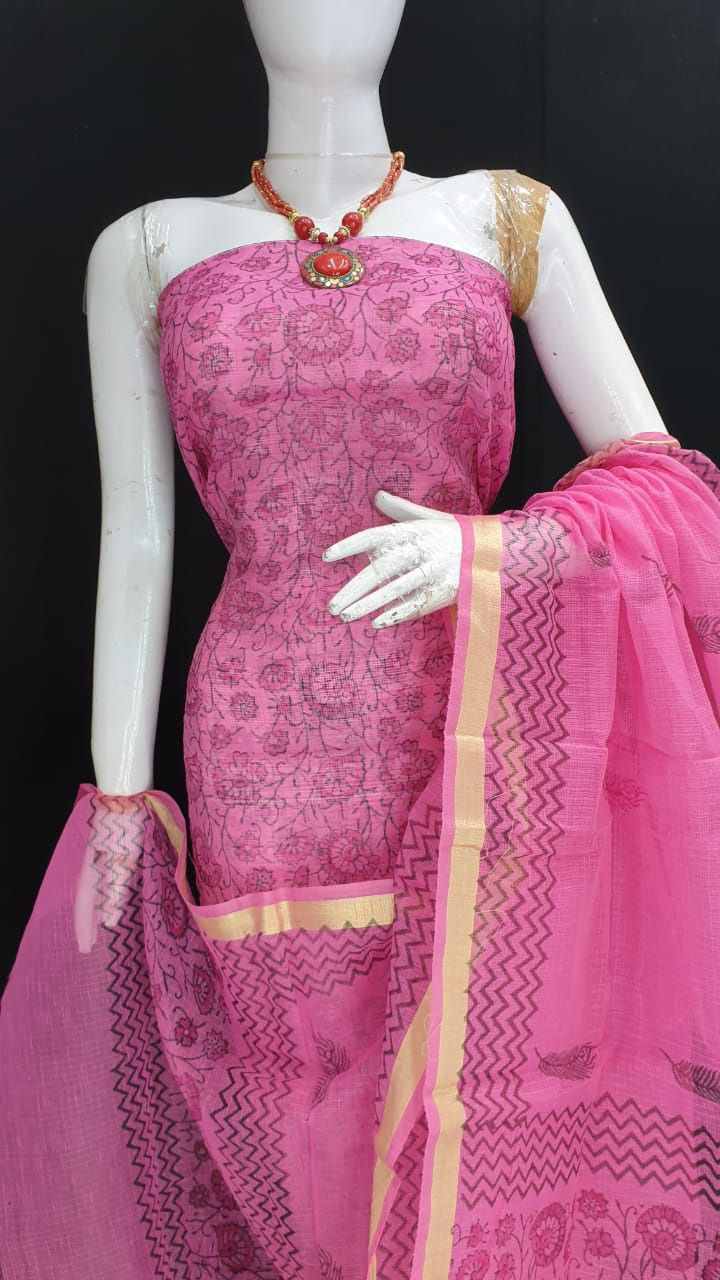 Blue - Sanganeri Hand Block Print Kota Doria Cotton 3pc Unstitched Dress Material Suit Set 06