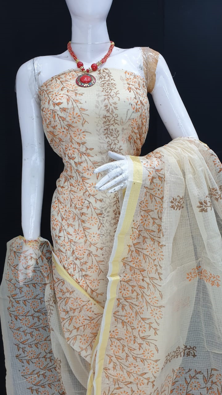 Blue - Sanganeri Hand Block Print Kota Doria Cotton 3pc Unstitched Dress Material Suit Set 01