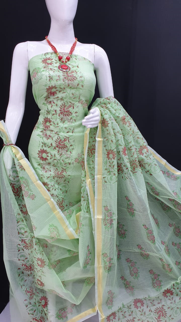 DESIGNER GREEN FLOWER HAND BLOCK PRINT KOTA DORIA SUIT main image 1