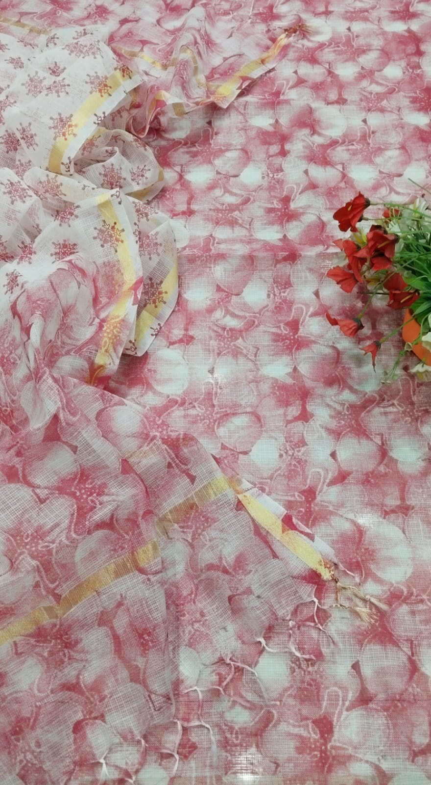 A4 - Pink Kota Doria Cotton Hand Pented Dress Material With Bottom. main image 0